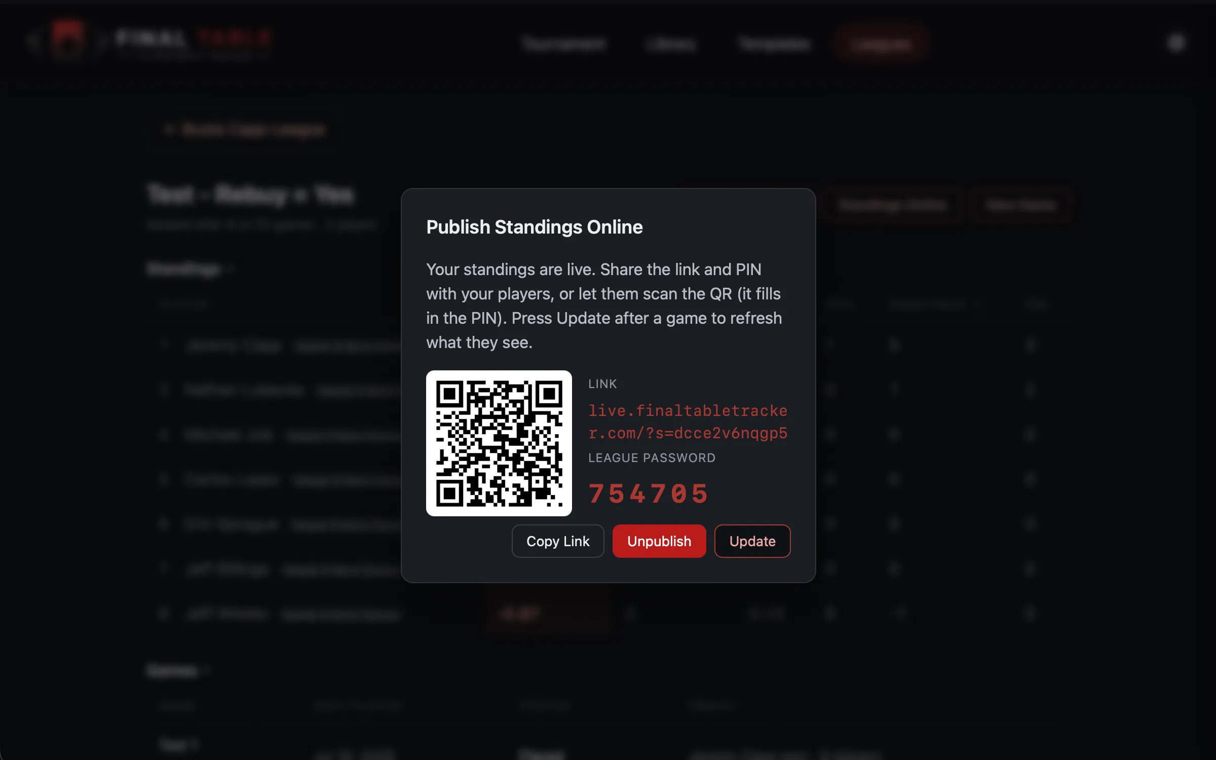 The Publish Online panel: a link, a league password, and a QR code