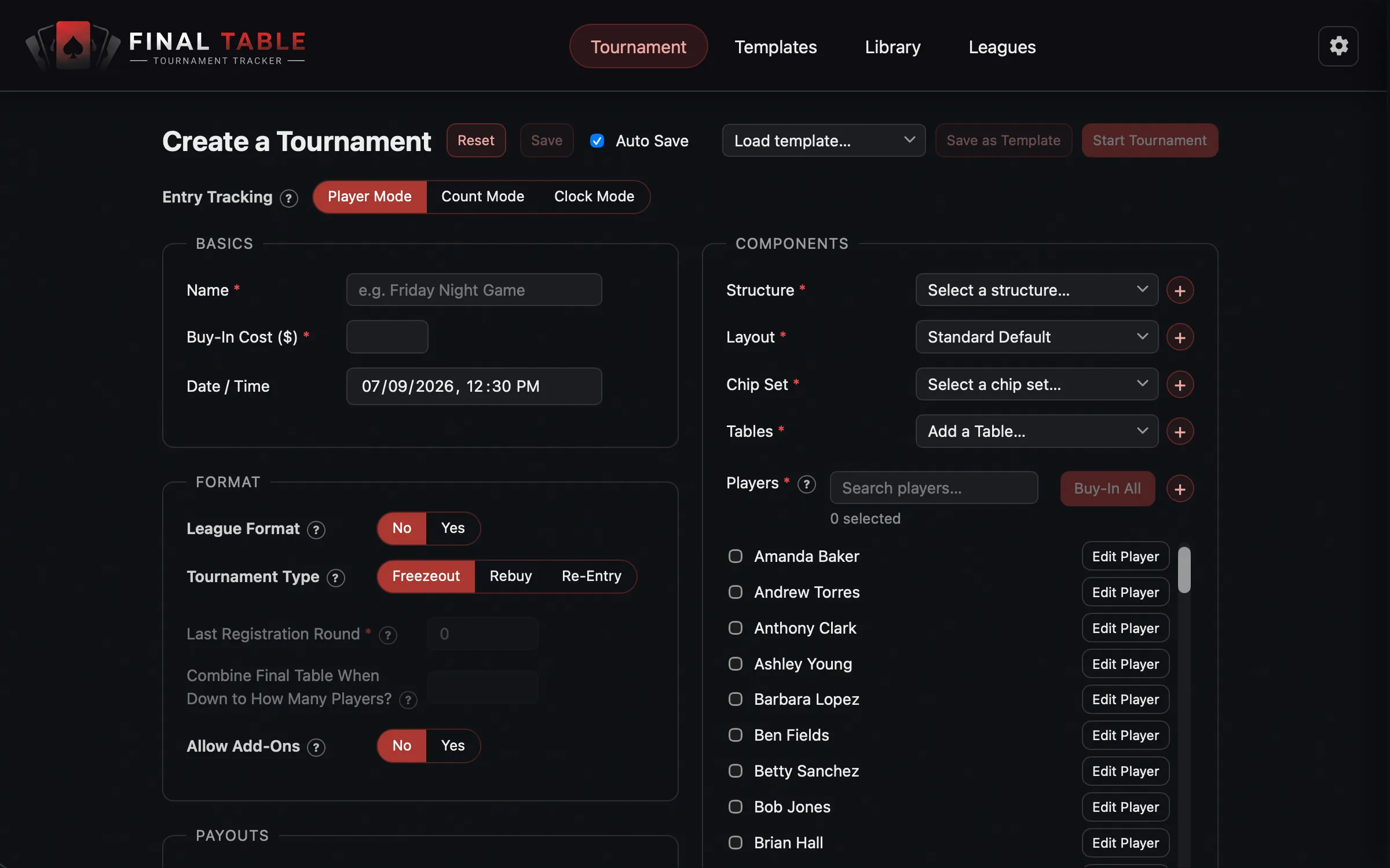 The tournament setup screen