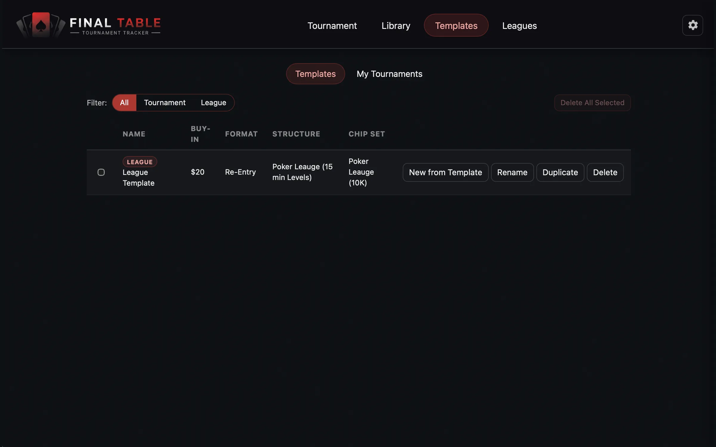 The Templates tab: every saved format, with its row actions