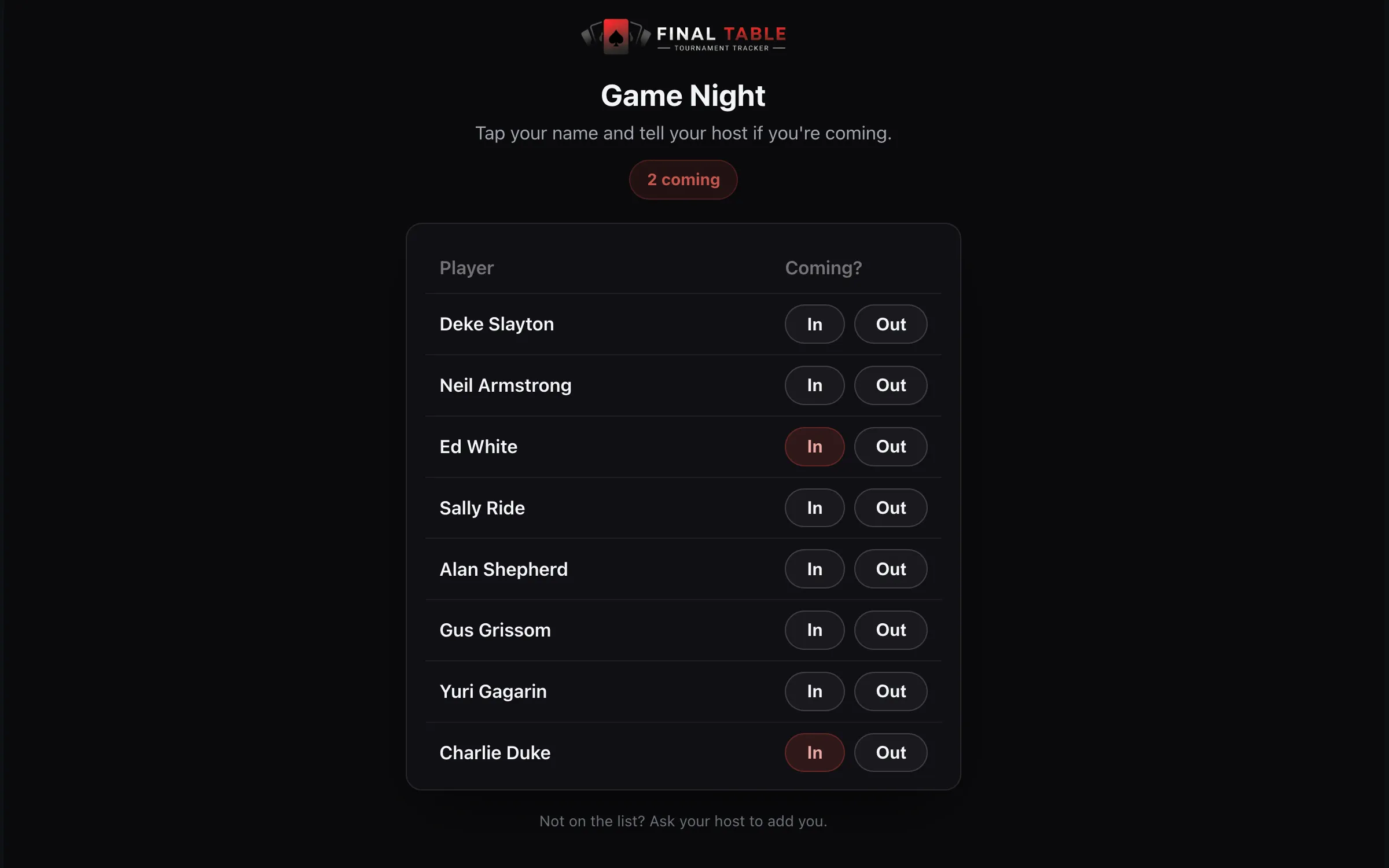 RSVP Player Response Page
